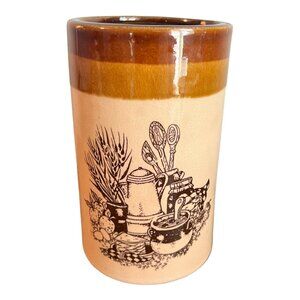 Vintage 1970s Enesco Country Farmhouse Stoneware Utensil Crock 6.5" Tall Taiwan